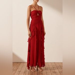 LÈONIE KEYHOLE FRILL MAXI DRESS - SCARLETT
